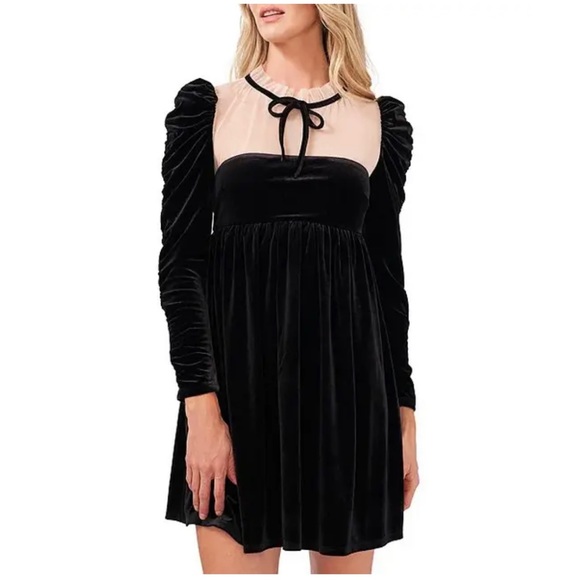 NWT Chelsea & Violet Long Shirred Sleeve Illusion Mesh Ruffle Black Velvet Dress - Picture 4 of 9